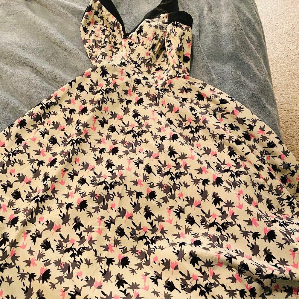 Gorgeous Pinup Girl Clothing (PUG) dress— white halter w/ pink & black leaves